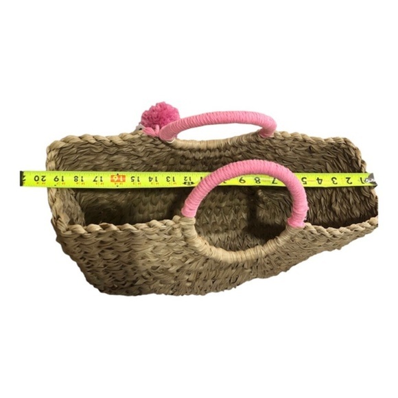 Wicker style straw natural basketweave pink knit pompom oversized beach tote new - Picture 15 of 16